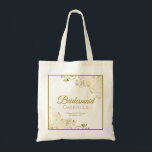Lacy Gold Frills Elegant Bridesmaid Wedding Tote Bag<br><div class="desc">This tote bag is the perfect gift to thank her for being a bridesmaid at your wedding. The design is simple yet elegant with lacy gold curls and swirls. The title reads: Bridesmaid,  with room for her name,  the names of the wedding couple,  and wedding date.</div>
