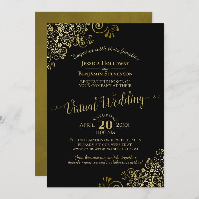 Lacy Gold Frills on Black Elegant Virtual Wedding Invitation (Front/Back)