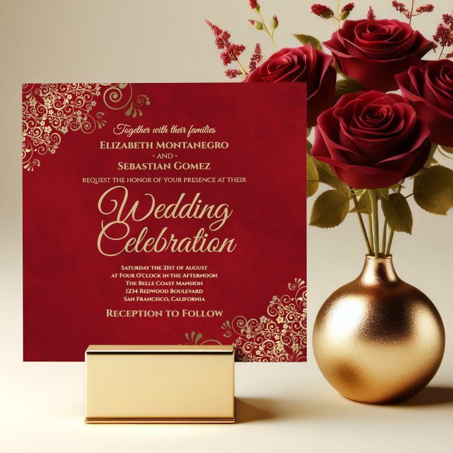 Lacy Gold Frills on Crimson Red Elegant Wedding Invitation (Creator Uploaded)