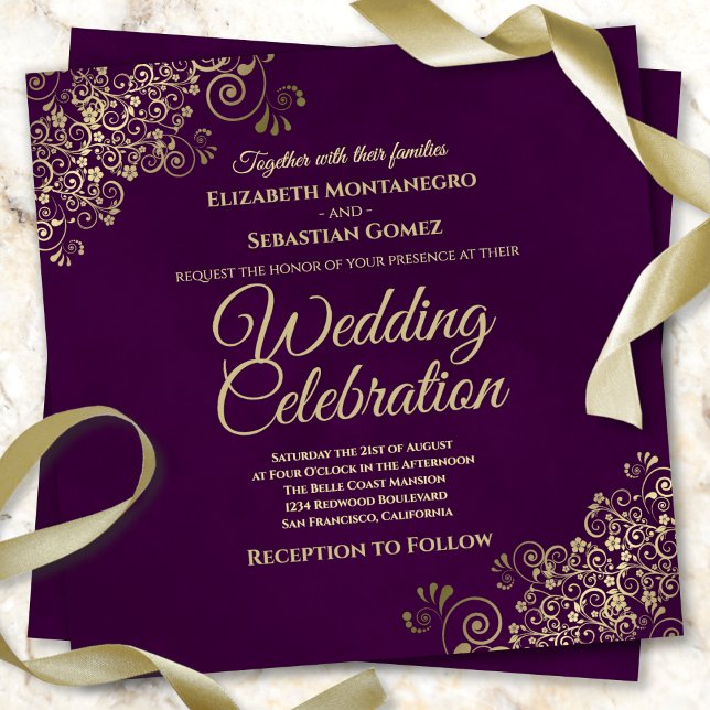 Lacy Gold Frills on Plum Purple Elegant Wedding Invitation (Creator Uploaded)