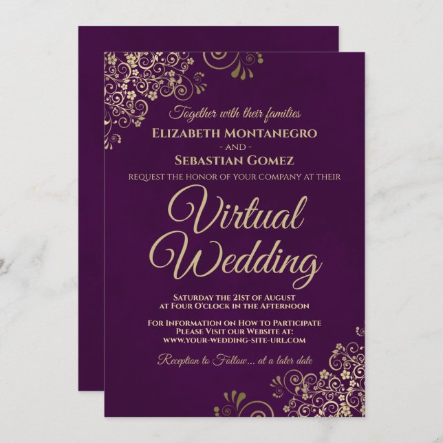 Lacy Gold Frills on Purple Elegant Virtual Wedding Invitation (Front/Back)