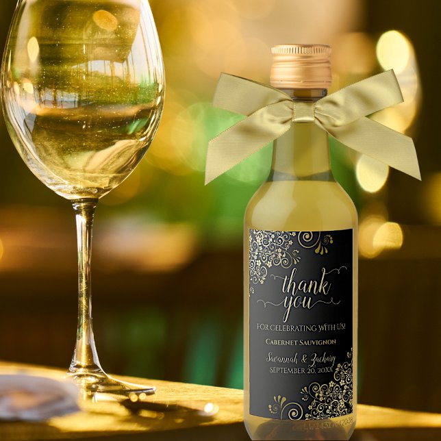 Lacy Gold on Black Wedding Thank You Mini Wine Label (Creator Uploaded)