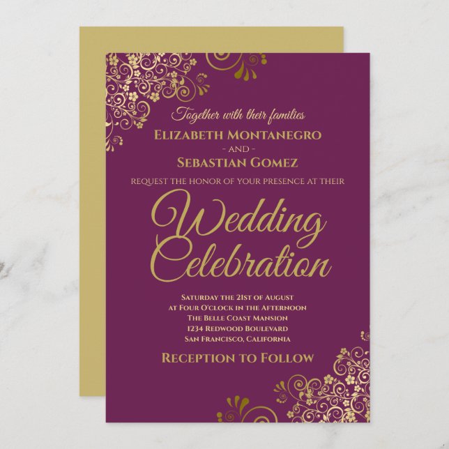 Lacy Gold on Cassis Purple Simple Elegant Wedding Invitation (Front/Back)