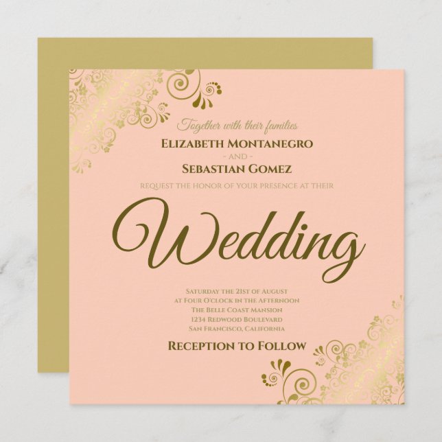 Lacy Gold on Coral Peach Elegant Square Wedding Invitation (Front/Back)