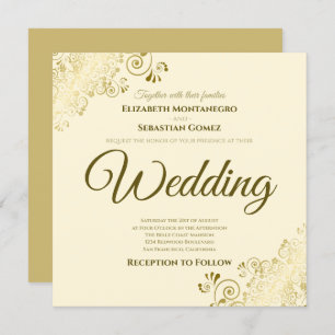 Lacy Gold on Ivory Cream Elegant Square Wedding Invitation