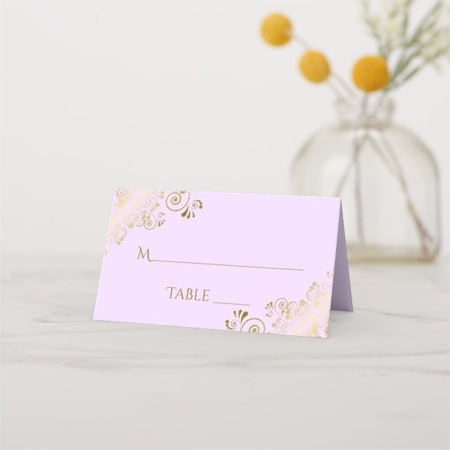 Lacy Gold on Lilac Purple Elegant Wedding Write-In Place Card (Front)