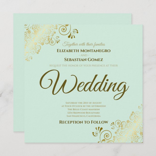 Lacy Gold on Mint Green Elegant Square Wedding Invitation (Front/Back)