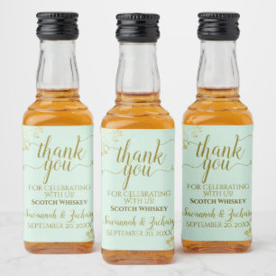 Lacy Gold on Mint Green Wedding Thank You Mini Liquor Bottle Label