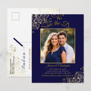 Lacy Gold on Navy Blue Wedding Save the Date Photo Announcement Postcard