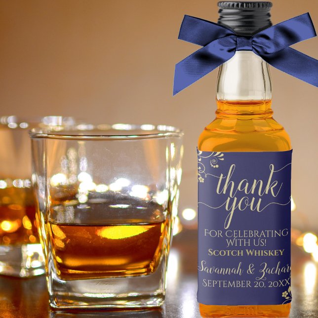 Lacy Gold on Navy Blue Wedding Thank You Mini Liquor Bottle Label (In Situ with Bow)