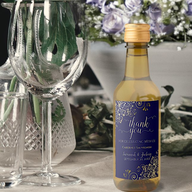 Lacy Gold on Navy Blue Wedding Thank You Mini Wine Label (Creator Uploaded)
