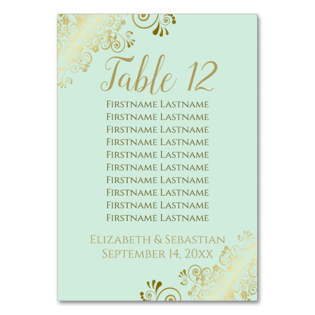 Lacy Gold on Neo Mint Green Wedding Seating Chart Table Number (Front)