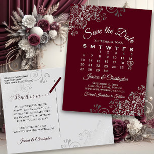 Lacy Grey Burgundy Wedding Save the Date Calendar Announcement Postcard