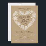 Lacy Leaves - Fall in Love Save the Date<br><div class="desc">Elegant yet casual,  this Save the Date card is perfect for any nature lover. Stylised lace leaves,  pinecones,  acorns,  arrows,  and flowers form a heart with a rustic kraft paper look background. Customise with your own text. Original Illustration by pj_design. Please check my store for more like this.</div>