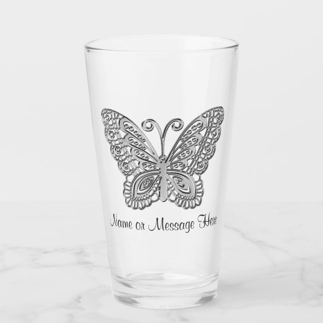 Lacy looking Silver Personalized Butterfly Tumbler (Front)