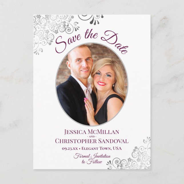 Lacy Magenta & White Wedding Save the Date Photo Announcement Postcard (Front)