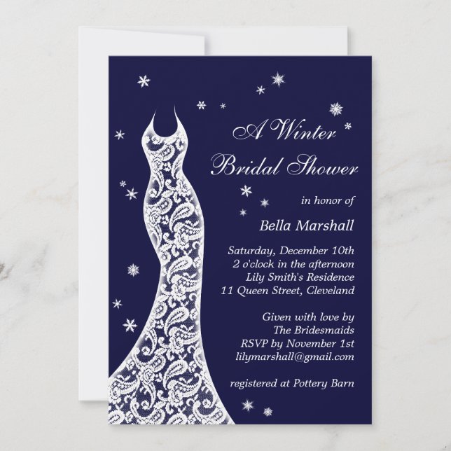 Lacy Navy Winter Bridal Shower Invitation (Front)