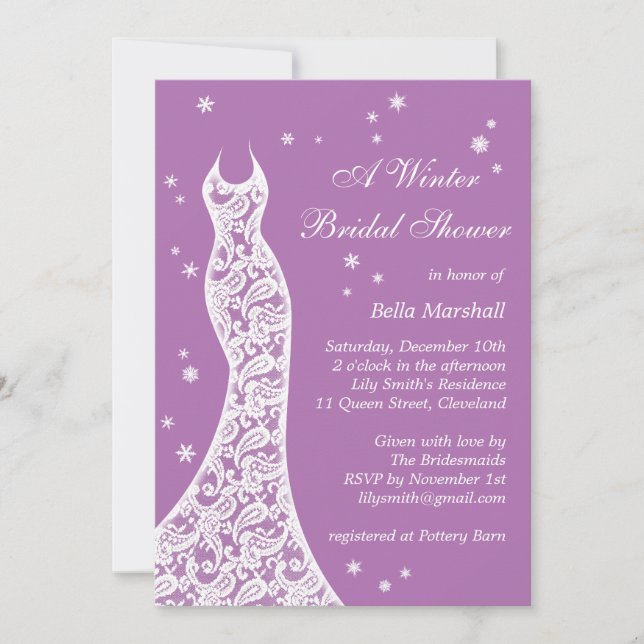 Lacy Purple Winter Bridal Shower Invitation (Front)