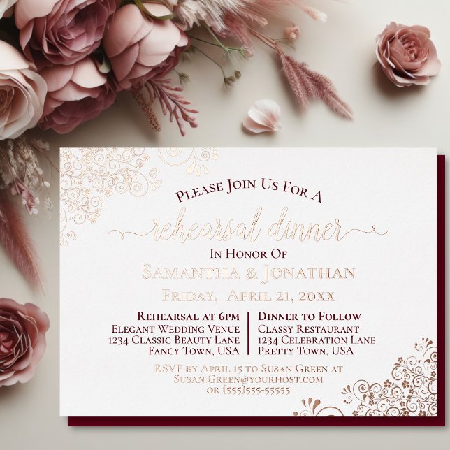 Lacy Rose Gold & Burgundy Wedding Rehearsal Dinner (Invitation front with back shown behind)