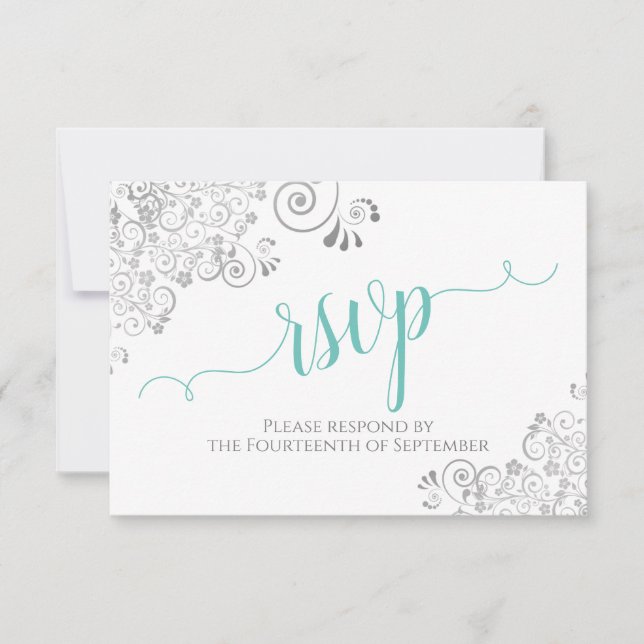 Lacy Silver & Aqua on White Elegant Script Wedding RSVP Card (Front)