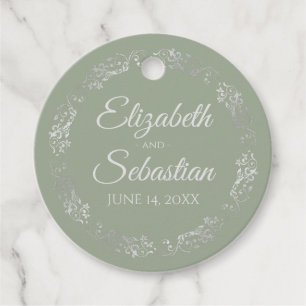 Lacy Silver Border Elegant Sage Green Wedding Favour Tags