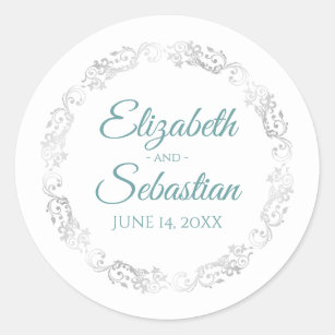 Lacy Silver Border Elegant Teal & White Wedding Classic Round Sticker