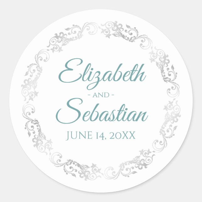 Lacy Silver Border Elegant Teal & White Wedding Classic Round Sticker (Front)