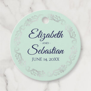 Lacy Silver Border Navy Blue & Mint Green Wedding Favour Tags