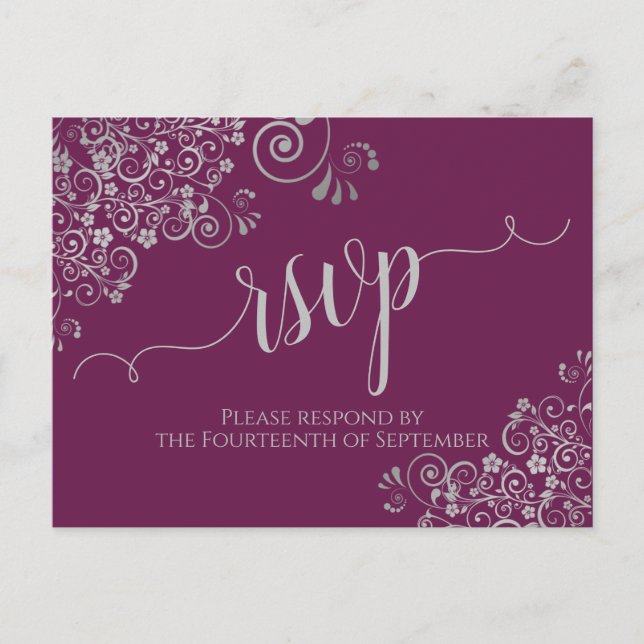 Lacy Silver Calligraphy Cassis Purple Wedding RSVP Postcard (Front)