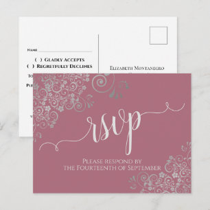 Lacy Silver Calligraphy Dusty Rose Wedding RSVP Postcard