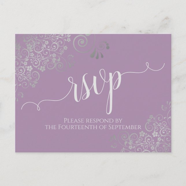 Lacy Silver Calligraphy Lavender Wedding RSVP Postcard (Front)