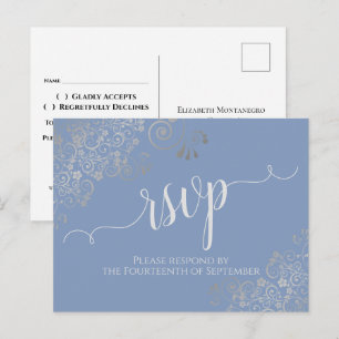 Lacy Silver Calligraphy Light Blue Wedding RSVP Postcard