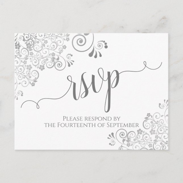 Lacy Silver Calligraphy White & Grey Wedding RSVP Postcard (Front)