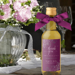Lacy Silver Cassis Magenta Wedding Thank You Mini Wine Label