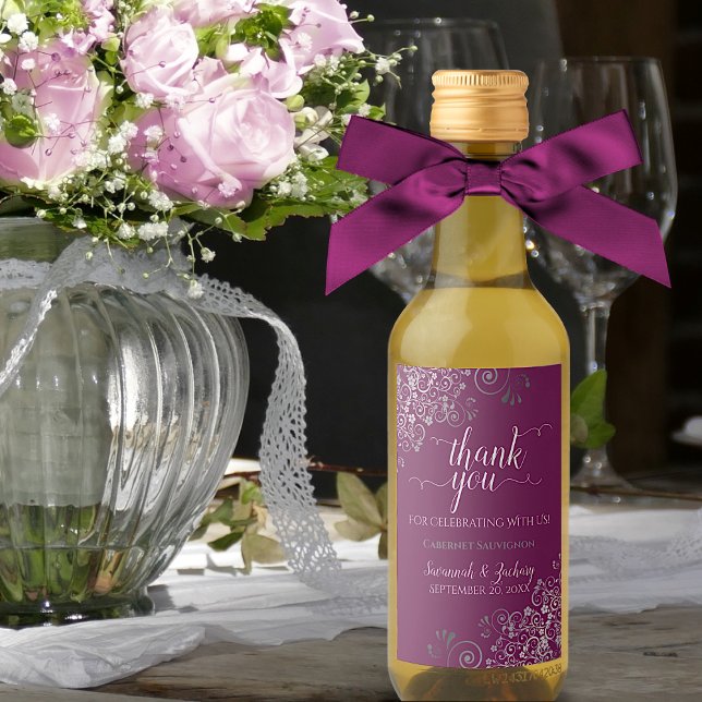 Lacy Silver Cassis Magenta Wedding Thank You Mini Wine Label (Creator Uploaded)