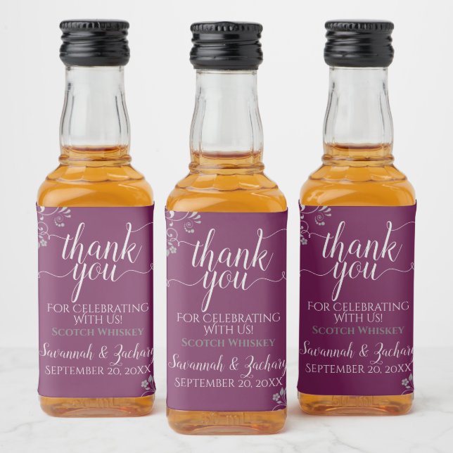 Lacy Silver Cassis Purple Wedding Thank You Mini Liquor Bottle Label (Bottles)