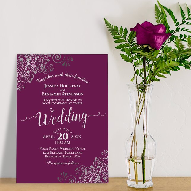 Lacy Silver Elegant Cassis Purple Magenta Wedding Invitation (Creator Uploaded)