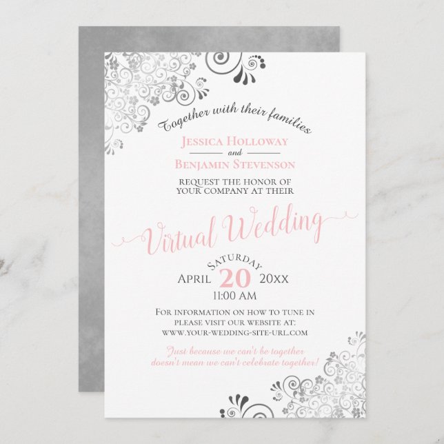 Lacy Silver Elegant Pink & Grey Virtual Wedding Invitation (Front/Back)