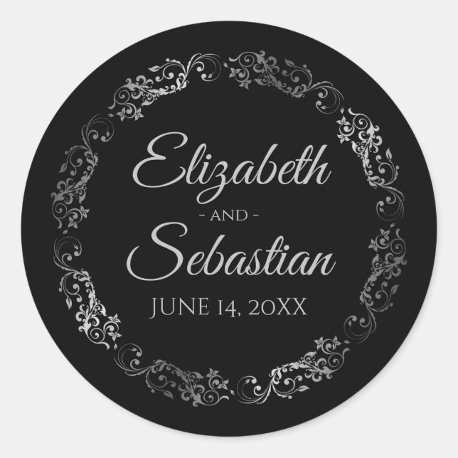 Lacy Silver Filigree Elegant Black Wedding Classic Round Sticker (Front)
