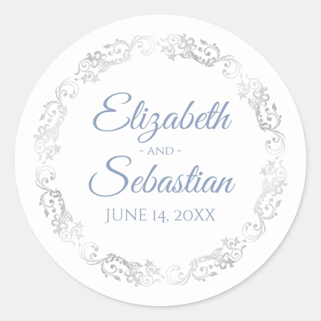 Lacy Silver Filigree Elegant Blue on White Wedding Classic Round Sticker (Front)