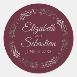 Lacy Silver Filigree Elegant Burgundy Wedding Classic Round Sticker