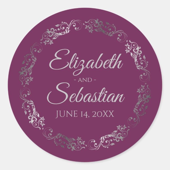 Lacy Silver Filigree Elegant Cassis Purple Wedding Classic Round Sticker (Front)