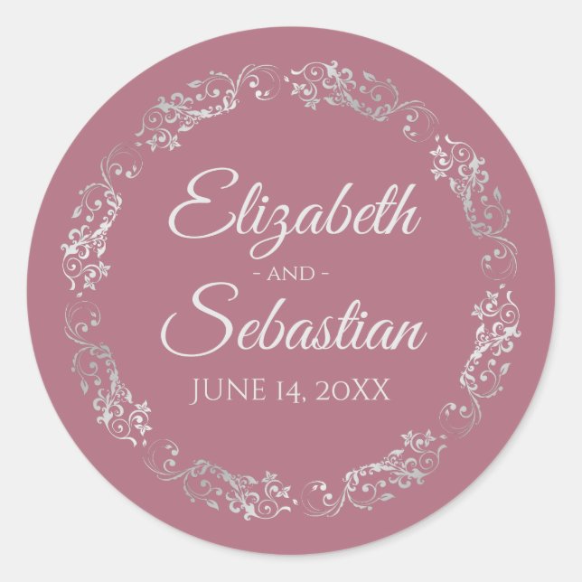 Lacy Silver Filigree Elegant Dusty Rose Wedding Classic Round Sticker (Front)