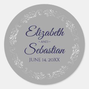 Lacy Silver Filigree Elegant Navy on Grey Wedding Classic Round Sticker