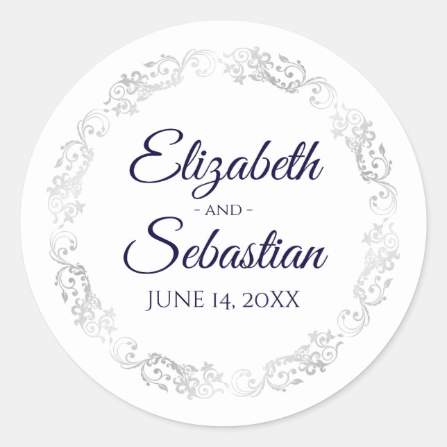 Lacy Silver Filigree Elegant Navy on White Wedding Classic Round Sticker (Front)