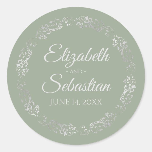 Lacy Silver Filigree Elegant Sage Green Wedding Classic Round Sticker (Front)