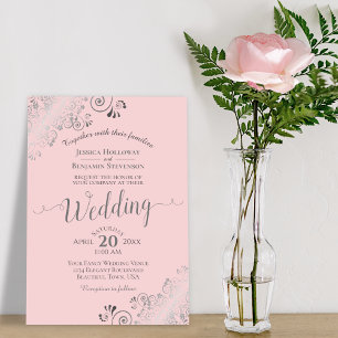 Lacy Silver Frills Elegant Pink & Grey Wedding Invitation