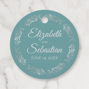 Lacy Silver Frilly Border Elegant Teal Wedding Favour Tags