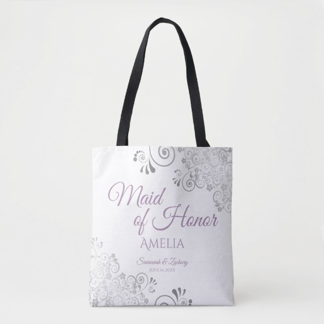 Lacy Silver & Lavender Maid of Honor White Wedding Tote Bag (Front)