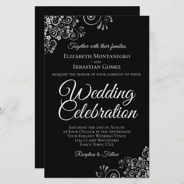 Lacy Silver on Black BUDGET Wedding Invite Large (Front/Back)